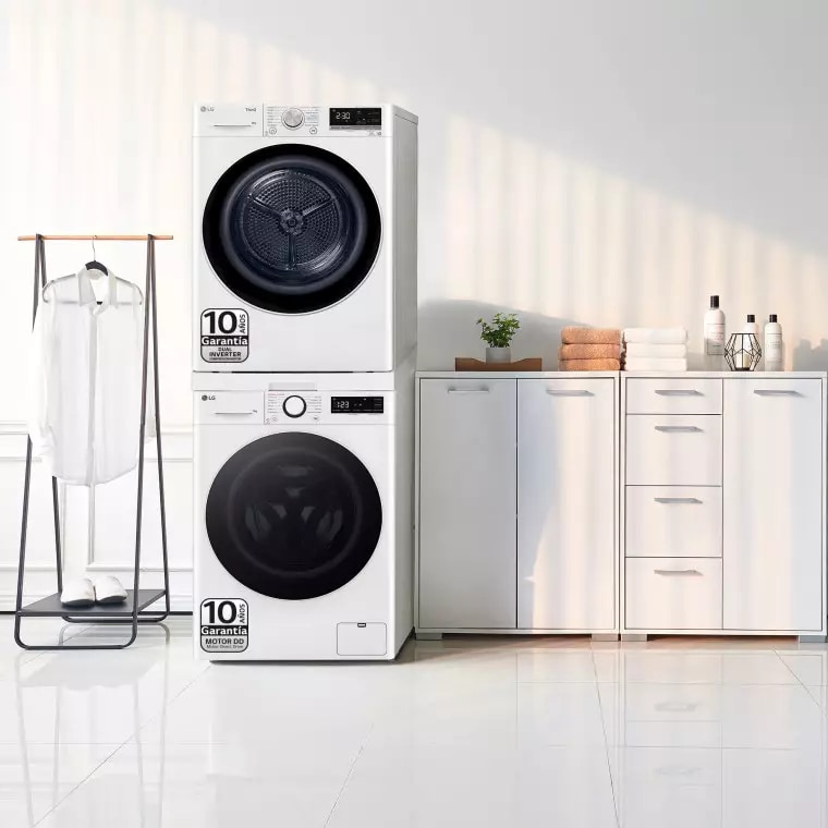 LG Torre de Lavado, Blanca, Lavadora inteligente 9kg, 1400rpm, 10% más eficiente que A + Secadora 8kg, A+++, TORRE0908KG.SET
